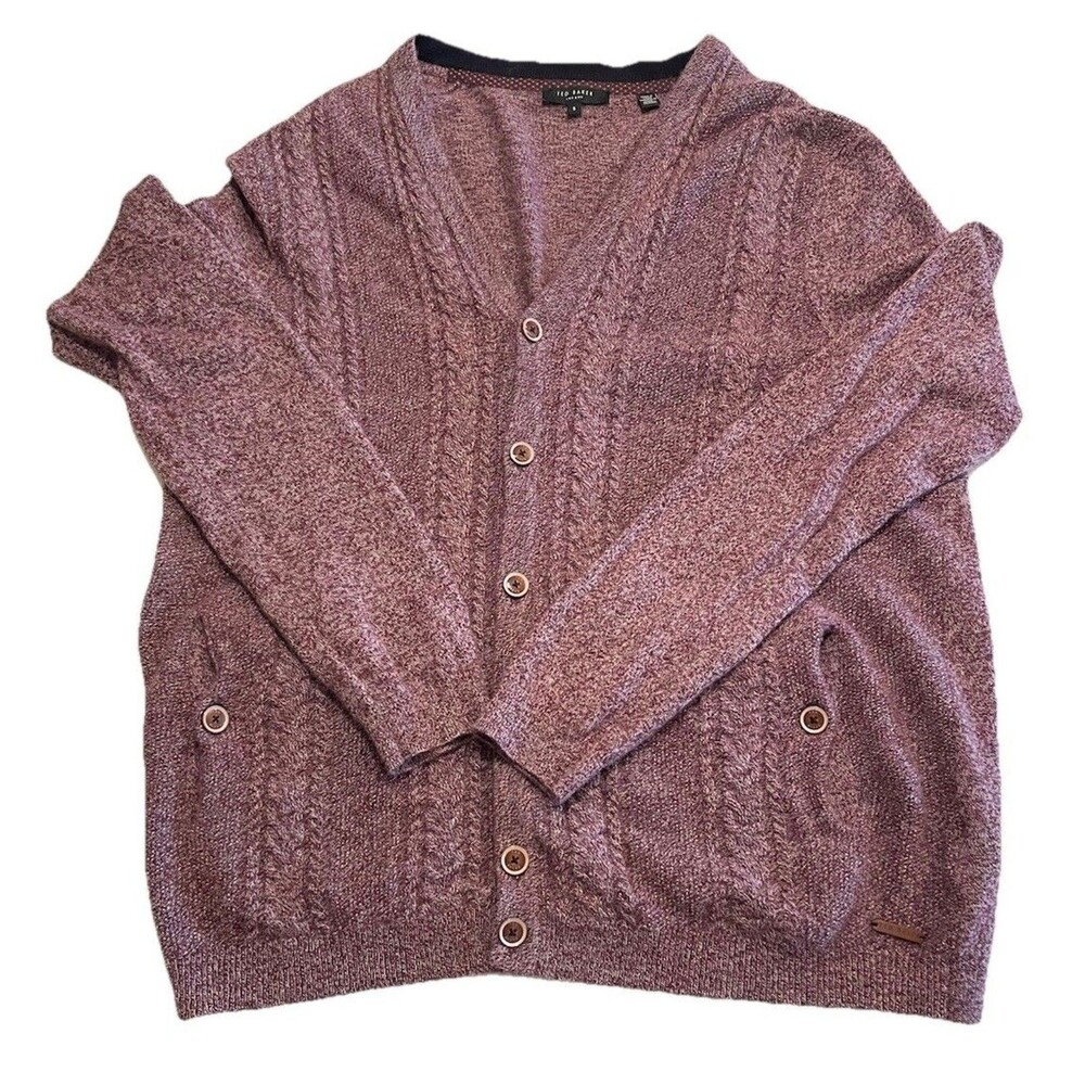Ted Baker Men's Size 5 Cable Knit Cardigan Sweater Burgundy Wool Blend XL